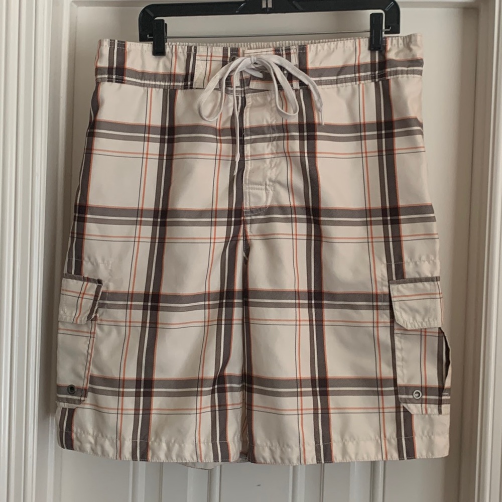 Merona Plaid Swim Trunks - Beige and Brown